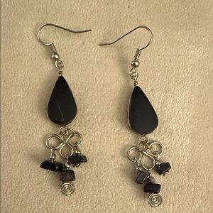 Elegant Black onyx and alpaca Silver Dangle Earrings handmade lightweight